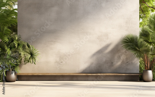 Empty exterior concrete wall with tropical style garden 3d render, decorate with tropical style tree, sunlight on the wall