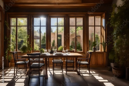 A townhouse's sunlit dining area, with a large window that overlooks a serene courtyard 
