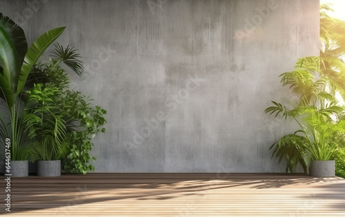 Empty exterior concrete wall with tropical style garden 3d render, decorate with tropical style tree, sunlight on the wall