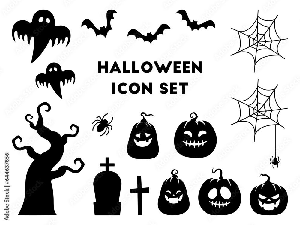 ハロウィンのアイコンセット、シンプルなシルエットのアイコン。 ハロウィンのアイコンセット、シンプルなシルエットのアイコン。