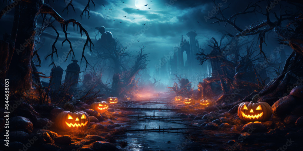 Smiling scary evil pumpkin lanterns in scary forest on Halloween night Smiling scary evil pumpkin lanterns in scary forest on Halloween night