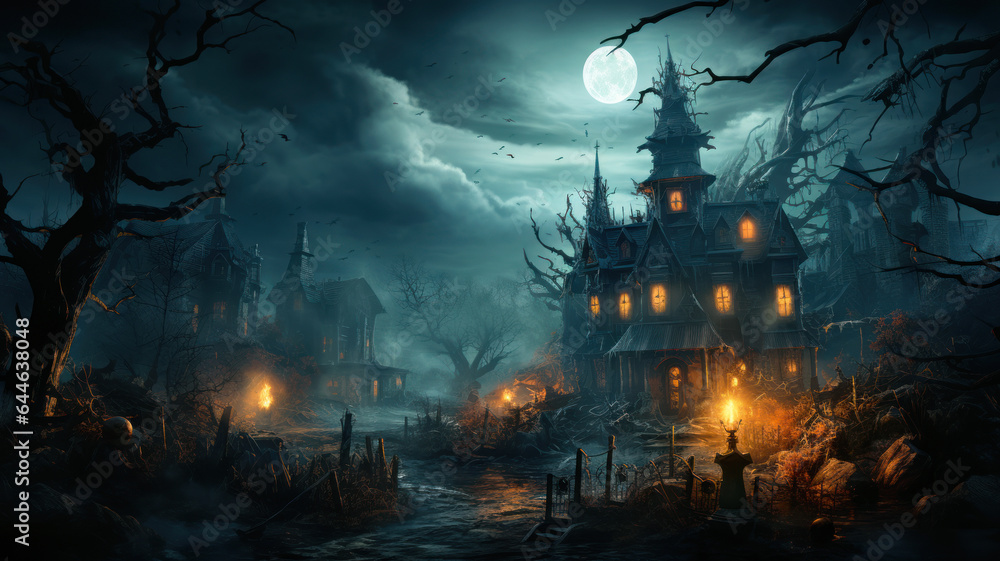 Old wooden haunted house in spooky town, moon at scary Halloween night