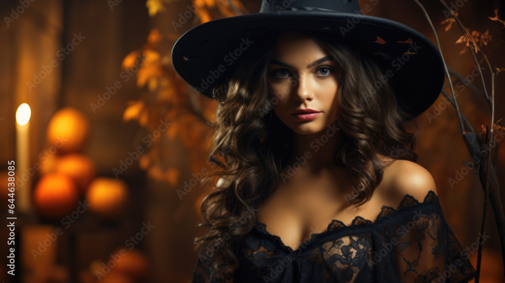 Fototapeta premium Young sexy woman in black hat on orange background on Halloween night
