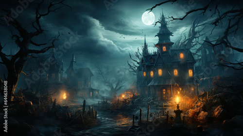 Old wooden haunted house in spooky town, moon at scary Halloween night © karina_lo