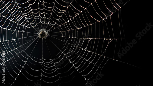 Spider web with water drops isolated on black background on Halloween