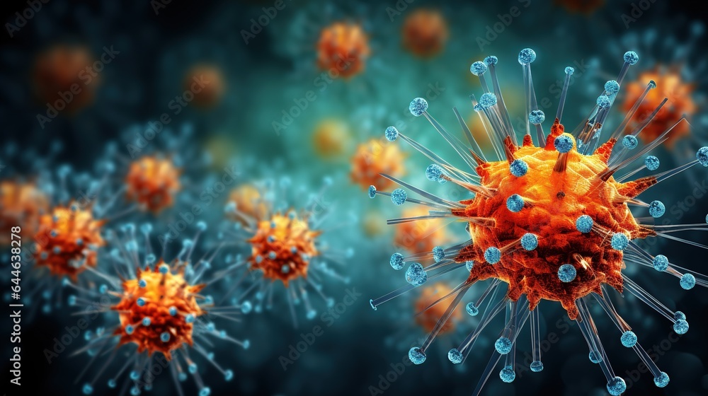 Closeup virus cells. Microbiology concept. Disease germ or pathogen organism. Background for medicine and science. Generative AI. Illustration for banner, poster, cover, brochure or presentation. Closeup virus cells. Microbiology concept. Disease germ or pathogen organism. Background for medicine and science. Generative AI. Illustration for banner, poster, cover, brochure or presentation.