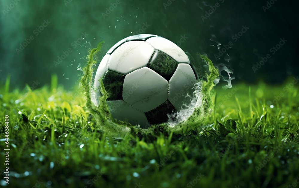 Football, juicy green grass and soccer ball