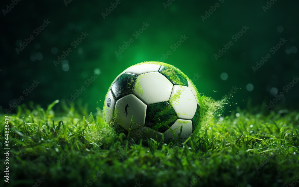 Fototapeta premium Football, juicy green grass and soccer ball