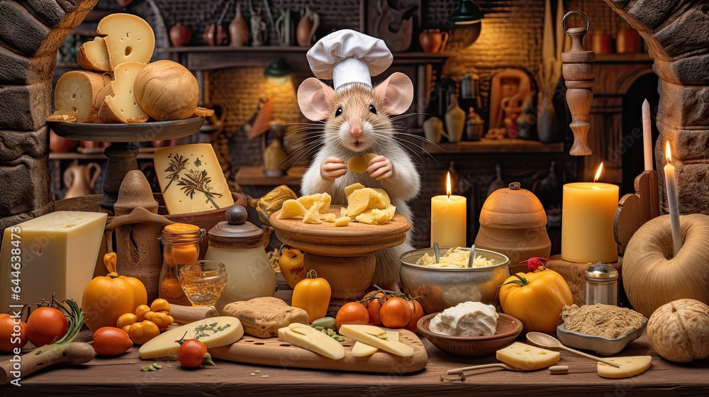 Close-up of a rat in a chef's costume. The rodent is preparing food in the kitchen. The concept of a funny animal in the social role of a professional. Illustration for cover, card, interior design.