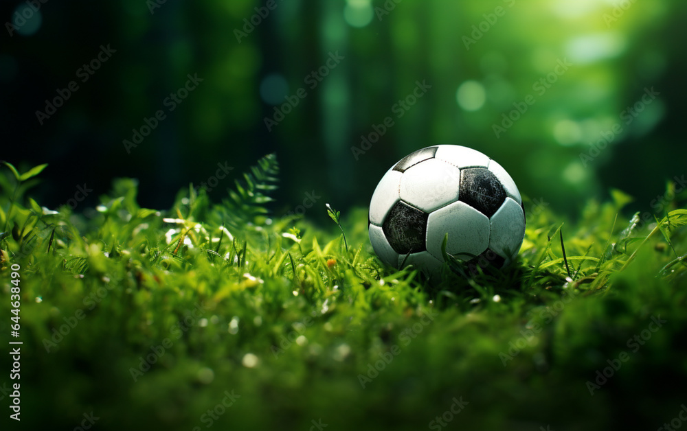 Football, juicy green grass and soccer ball