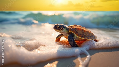 Close-up of a sea turtle crawling along the sand of the coast. Natural background. Modern screen design. Illustration for cover, postcard, postcard, banner, poster, brochure or presentation.
