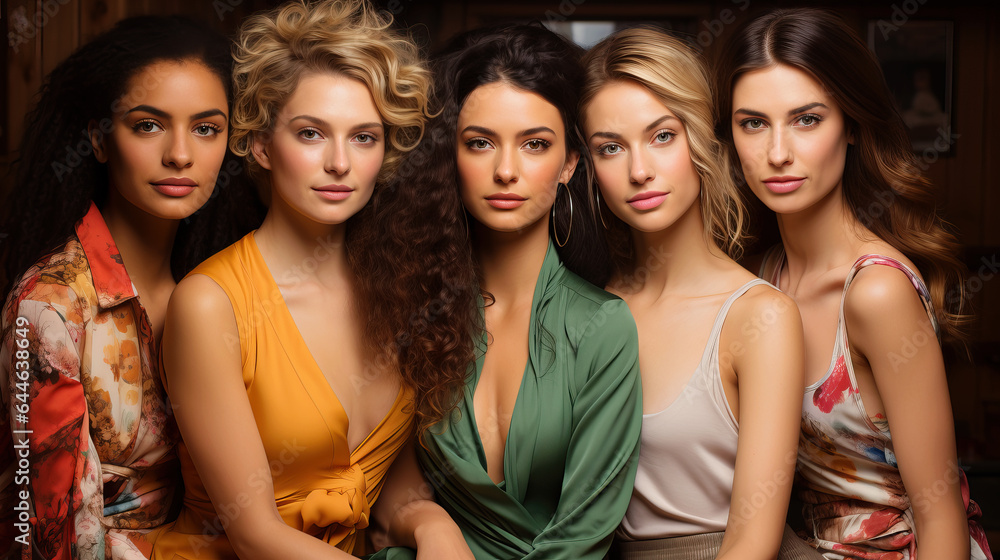 Fototapeta premium Female models with different styles of clothing looking frontally.Generative AI