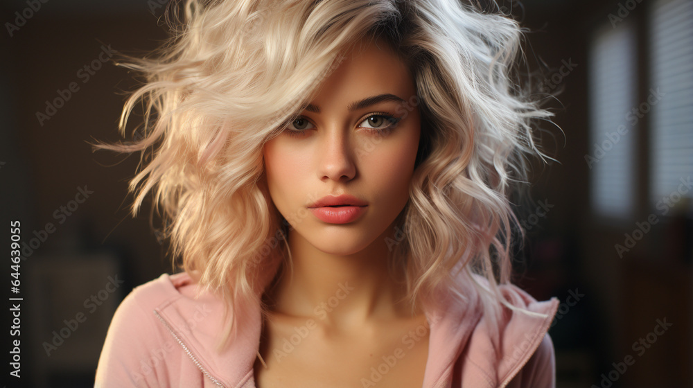 young blonde model in stylish pink shirt and jacket posing in the studio young blonde model in stylish pink shirt and jacket posing in the studio