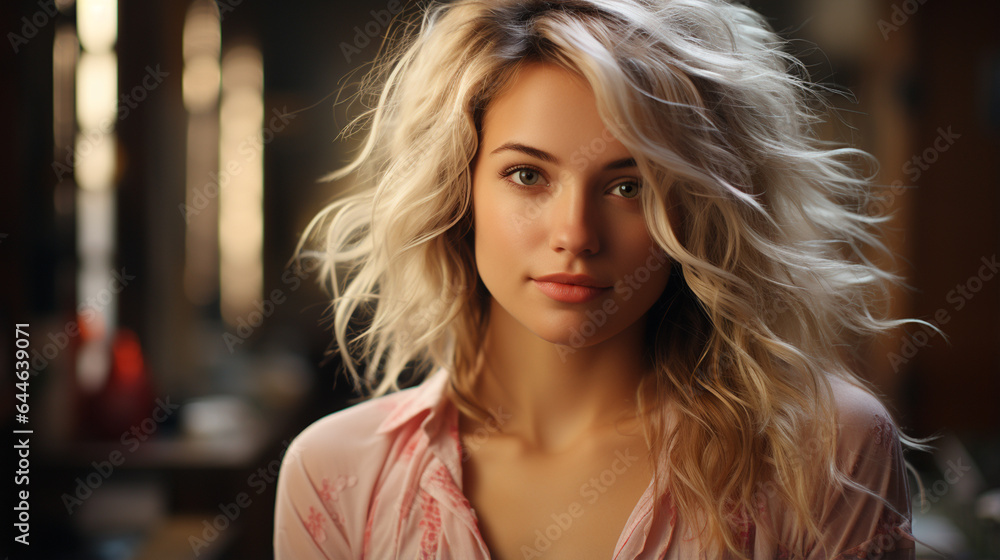 young blonde model in stylish pink shirt and jacket posing in the studio young blonde model in stylish pink shirt and jacket posing in the studio