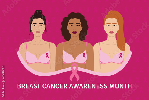 Breast Cancer Awareness Month. 3 diverse women with flowers and pink ribbons on bra stand together against cancer. Cancer prevention, women health care support vector illustration