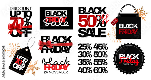 Black Friday big set of stickers and logos. Vector graphics illustration isolated on a white background.