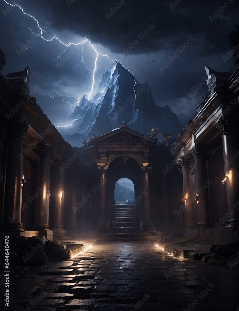 Design Mount Olympus with lightning and make it majestic in dark and dark alley, Generative AI