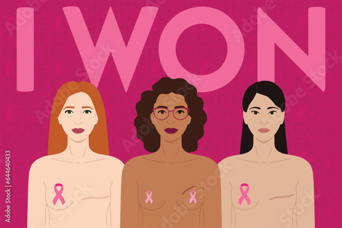 Breast Cancer Awareness Month. I won phrase. 3 diverse women with mastectomy, lumpectomy scars and pink ribbons stand together against cancer. Cancer prevention, women health illustration