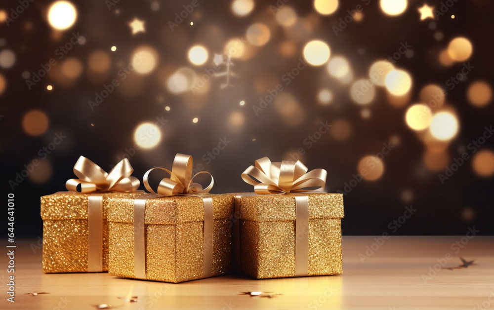 Gold gift boxes and gold glitter particles with bokeh light background Gold gift boxes and gold glitter particles with bokeh light background
