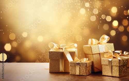 Gold gift boxes and gold glitter particles with bokeh light background © MUS_GRAPHIC