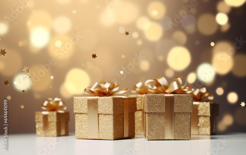 Gold gift boxes and gold glitter particles with bokeh light background