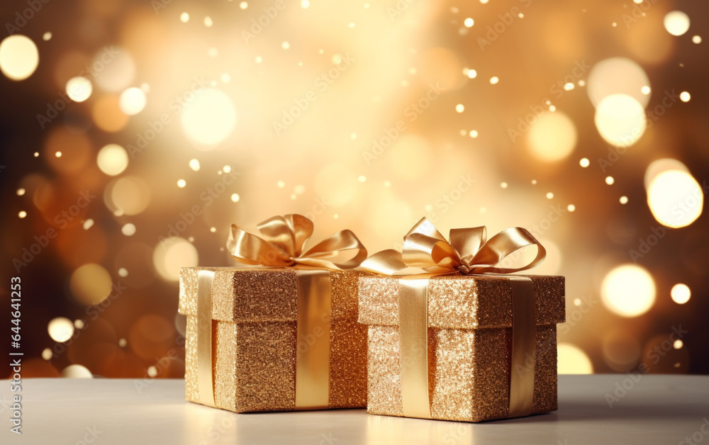 Gold gift boxes and gold glitter particles with bokeh light background Gold gift boxes and gold glitter particles with bokeh light background