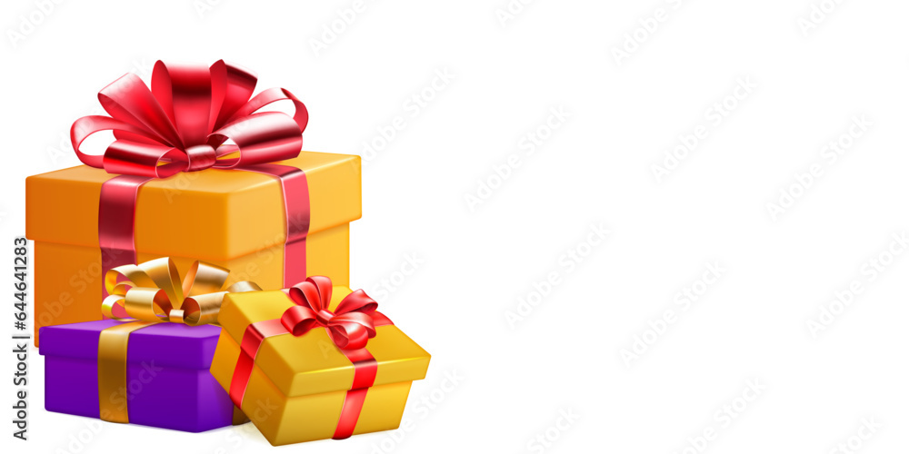 Fototapeta premium Festive illustration with three colored gift boxes with ribbons and bows on white background