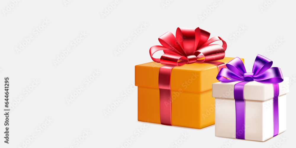 Obraz premium Festive illustration with two colored gift boxes with ribbons and bows on white background