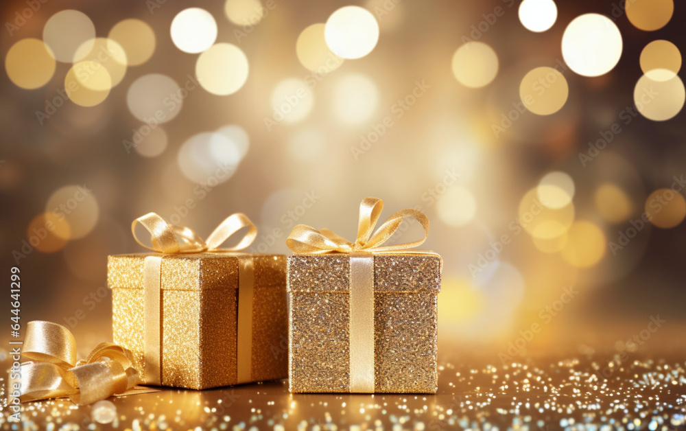 Gold gift boxes and gold glitter particles with bokeh light background Gold gift boxes and gold glitter particles with bokeh light background