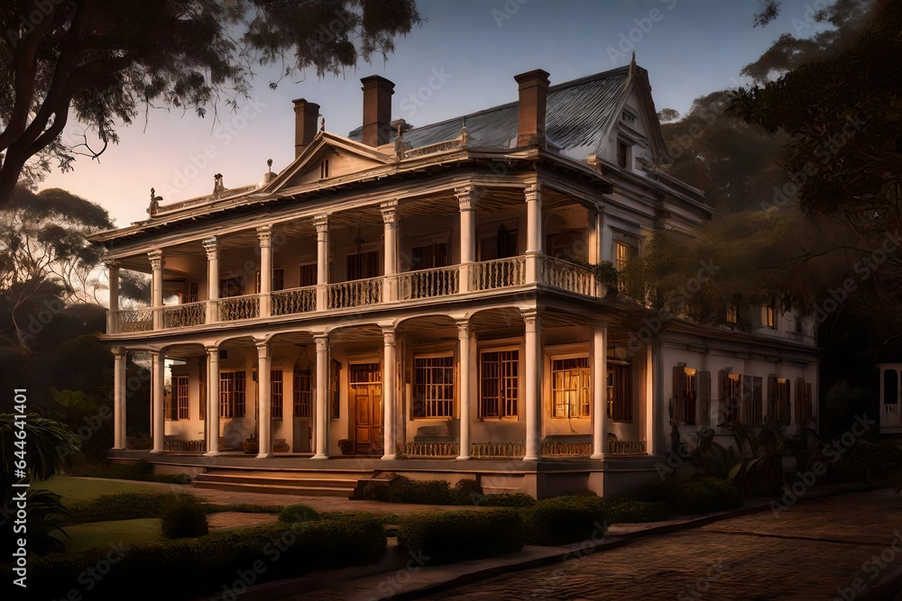 A Colonial-era house, captured in the soft glow of dusk, highlighting its timeless architecture and historical significance 
