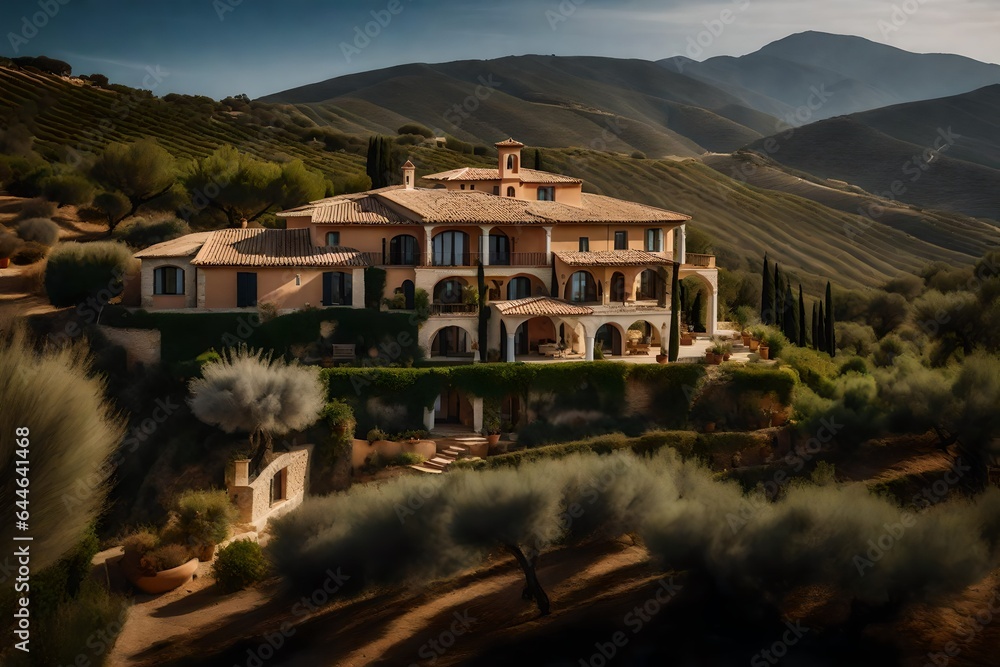 An enchanting view of a Mediterranean villa's exterior, nestled against rolling hills and olive groves 