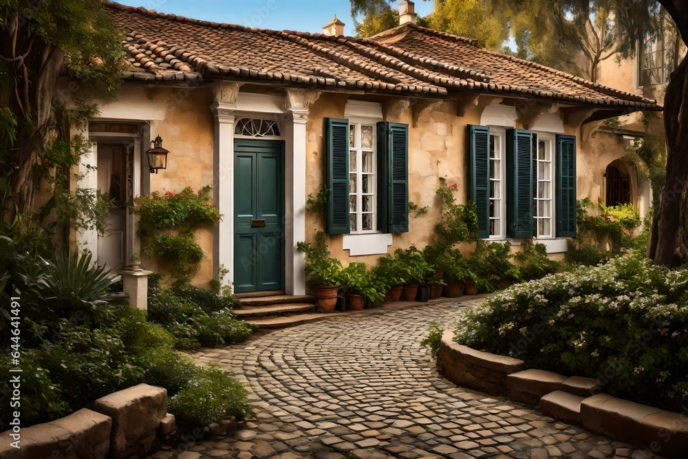 The colonial-style details of a well-preserved home, featuring intricate window shutters and a quaint cobblestone driveway 
