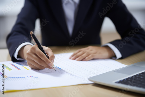 Professional woman in business suit writing on piece of paper. Suitable for business presentations, office work, or educational materials.