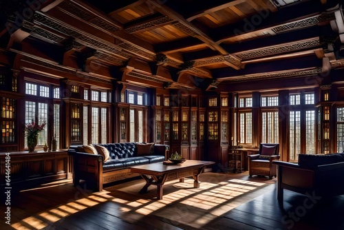 The intricate woodwork and beams of a Craftsman living room, illuminated by natural light 