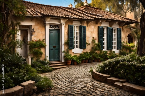 The colonial-style details of a well-preserved home  featuring intricate window shutters and a quaint cobblestone driveway 