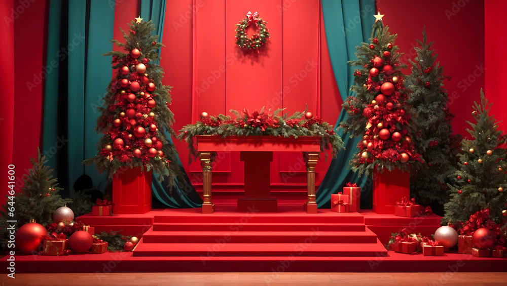 Red Christmas podium with ornaments and lights.