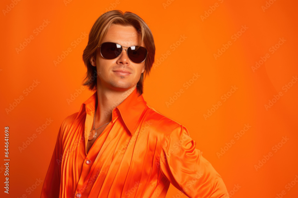 Man wearing orange shirt and sunglasses.