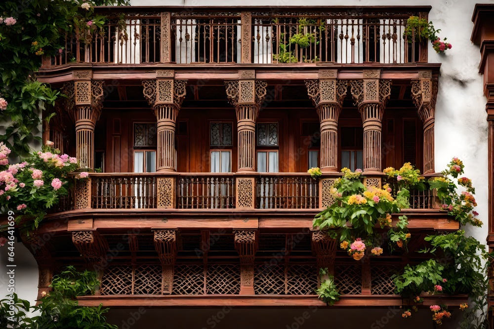 The intricate woodwork of a Colonial balcony, adorned with latticework and blooming potted plants, capturing timeless beauty The intricate woodwork of a Colonial balcony, adorned with latticework and blooming potted plants, capturing timeless beauty