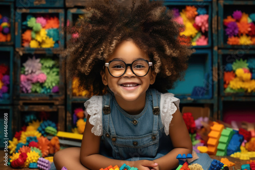 Little girl sits on floor in front of pile of colorful Brickss. This image can be used to depict creativity, imagination, and joy of building.