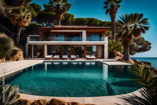 The tranquil beauty of a Mediterranean villa's private beachfront, with crystal-clear waters and palm trees 