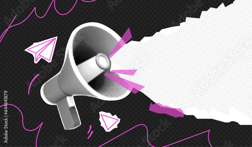 Trendy retro collage with megaphone and paper cut out space for announcing promotion. Vector loudspeaker with halftone elements. Vintage pop art composition banner