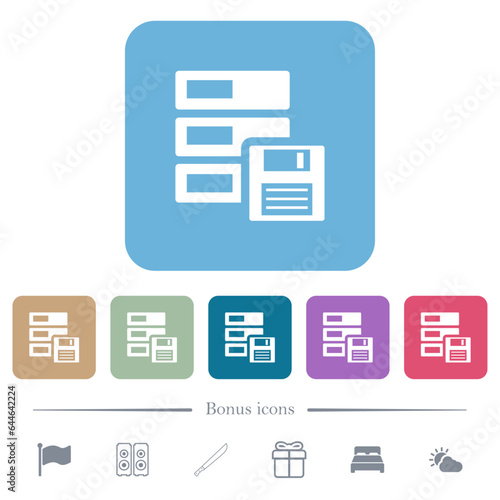 Data backup flat icons on color rounded square backgrounds