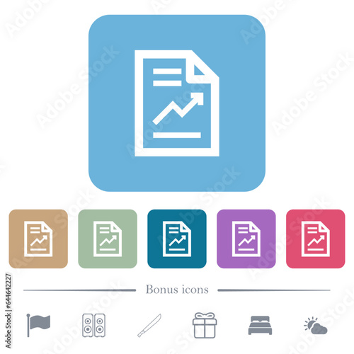 Report with graph flat icons on color rounded square backgrounds
