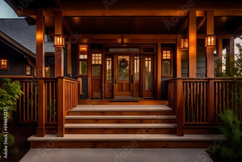 The inviting warmth of a Craftsman-style home's front porch, with handcrafted wooden details and soft ambient lighting 