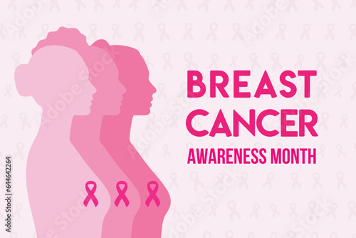 Breast Cancer Awareness Month. Women s silhouette with pink ribbons on chest. Cancer prevention and women health vector illustration. Horizontal poster