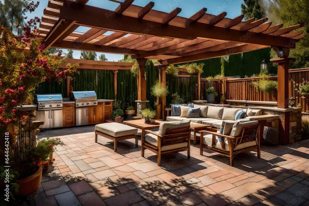 An inviting Craftsman-style backyard, with a pergola-covered patio and outdoor seating 