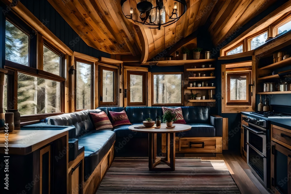 The artistic details of a tiny home's handcrafted furnishings and decor, showcasing creativity and style 