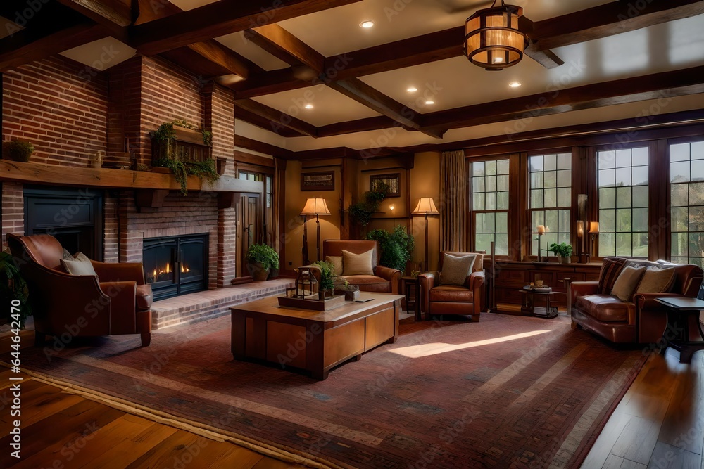 The welcoming ambiance of a Craftsman-style living room, with a brick fireplace and built-in seating The welcoming ambiance of a Craftsman-style living room, with a brick fireplace and built-in seating