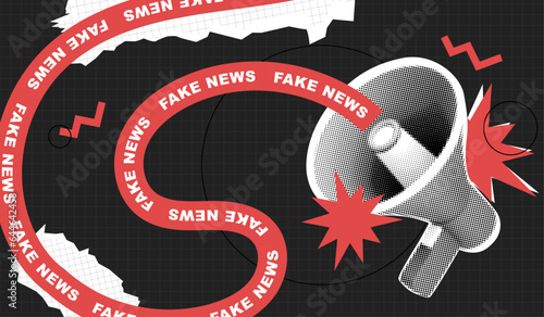 Trendy retro art collage with megaphone and fake news concept. Halftone design loudspeaker. Social media propaganda. False information spreading. Vector vintage pop art composition banner