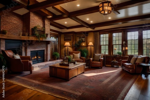 The welcoming ambiance of a Craftsman-style living room, with a brick fireplace and built-in seating  © Fahad